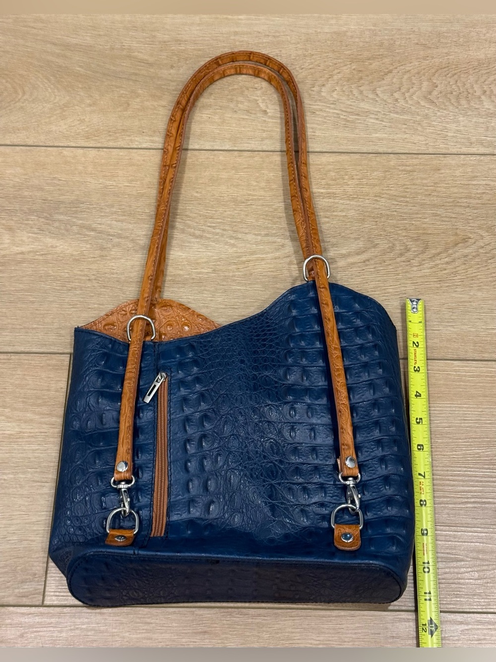 Italian Genuine Leather Croc Embossed Tote Bag Blue Cognac Shoulder Purse - Picture 11 of 12